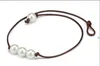 Handmade Single Pearl Leather Choker Necklace on Genuine Black Brown Leather Cord For Women Fashion Imitation Natural Freshwater Pearl