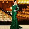 2017 Sonbahar Koyu Yeşil Mermaid Balo Elbise Aplike Sequins Ile Dalma Elbiseler Backless Uzun Illusion Kollu Dantel Parti Törenlerinde Custom Made