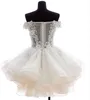 Off Shoulder Ball Gown Bröllopsklänningar 2022 Korta Sexiga Brudklänningar Puffy Tulle Party Organza Brudklänningar Tillbaka Zipper och Knapp Anpassad