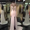 Blush Pink Crystals Beaded Prom Dresses Sexy Open Back Illusion Long Sleeves Evening Gowns Side Split Chiffon Formal Party Dress