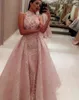 Full Lace Mermaid Evening Dress With Over-Skirts Fashion Pink High Neck Sleeveless Prom Dresses Sexy See Through Formal Dresses Party Gowns