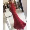 Klänningar vintage röda vestidos de fiesta utanför axeln prom klänning älskling appliced ​​kortärmad spets sjöjungfru aftonklänningar