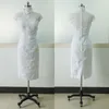 Weißes Vintage-Hochzeitskleid aus Spitze, knielang, mit Flügelärmeln, Stehkragen, Perlen, Tüll, Brautkleid, Etui-Rücken, echtes Foto
