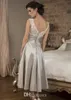 Sliver Mother Of the Bride Dresses 2019 Gorgeous Sleeveless Lace V Neck Satin Mothers Gowns Tea Length
