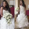 Shinning Beaded African Bridal Gowns White Chiffon Tiered Mermaid Wedding Dresses Low Back Sweep Train Sweetheart Wedding Vestidos