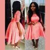 Peach Pink 2017 Homecoming Dresses High Low Jewel Half Sleeves Short Prom Gowns Back Zipper With Lace Applique Custom Made Cocktail Gowns