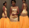 2k17 Kristaller Beaded Prom Dresses Light Orange Plus Size Mermaid Evening Gowns Sheer Neck Open Back Tulle Cocktail Formell Party Dress