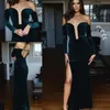 Dark Green Velvet Evening Gowns 2017 Off Shoulder Long Sleeves Open Back Prom Dresses Side Split Mermaid Cocktail Formal Party Dress