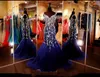 2020 New Sexy Bling Navy Blue Prom Dresses Sweetheart Crystal Beaded Tulle Mermaid Sweep Train Evening Party Gowns Custom Evening Dresses