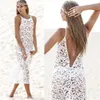 Wholesale- Women Summer Maxi Dress 2017 Female Backless Bohemian Hippie Long White Beach Dress hollow out Lace Gown Rend Worldshine Frock