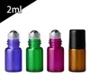 2000pcs/lot 2ml Colorful Glass Roll on Bottle Amber Green Red Purple Mini 2cc Perfume Bottles with Stainless Steel Roller Ball Black Lids