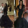 2019 New Arabic Beaded Mermaid Evening Dresses V-Neck Sheer Long Sleeves Lace Appliques Black Elegant Girls Prom Party Gowns Custom Made