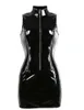 Najwyższej jakości Gothic Punk High Collar Rękawów Catsuit Bodycon Damskie Czarny PVC Mini Sukienka Shiny Zip Up Wet Look Vestido Night Clubwear