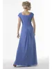 Blue Long Modest Bridesmaid Dresses With Short Sleeves Ruches Chiffon Cap Sleeves Floor Length Formal Country Bridesmaids Dresses