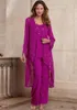 Fuchsia Mother Of Bride Pant Suits Three Pieces Chiffon Formal Mother's Gowns With Long Jacket Beaded Wedding Party Dress Plus Size