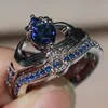 Maat 5-11 mode vrouwen sieraden 10kt wit goud gevuld hart vorm blauwe saffier geboortesteen diamanten vrouwen bruiloft bruids paar liefhebbers ring