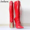 Sorbern 18Cm High Heel Boots Women Lace-up Exotic Fetish Sexy Metal Thin Heel Stretch Lace Up Single Soles Knee-High Boots Plus Size