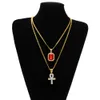 Egyptian Ankh Key of Life Bling Rhinestone Cross Pendant With Red Ruby Pendant Necklace Set Men Hip Hop Jewelry