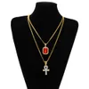 Pendentif croix en strass égyptien Ankh, clé de vie, avec pendentif rubis rouge, ensemble de colliers pour hommes, bijoux Hip Hop