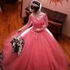 Coral Pink Long Sleeve Ball Gown Wedding Dresses Appliques Lace Off the Shoulder Tulle Manga Longa Bridal Gowns Vestidos De Novia5463318