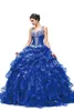 2022 Quinceanera-Kleider, Königsblau, Ballkleid, Organza, mit Rüschen, mehrlagig, Perlen, Kristall, langer Sweep-Zug, Party, Abschlussball, Ballkleider