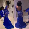 Backless 2K17 Royal Blue Lace Prom avondjurken Mermaid Bateau Illusie Lange mouwen Vestidos de Fiesta Celebrity jurken Arabisch