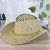 Sommar mode män solid halm västra cowboy hatt med rep vild curling brim keps haka rem strand sol hattar UV skydd