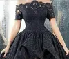 High Low Prom Dresses 2018 Black Lace Off The Shoulder Manga Curta A-line Corset Fast Shipping Especial Ocasião Party Vestidos Modest Style