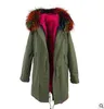 Jazzevar Bruin Bont Trim Konijnenbont Lange Leger Groene Parka Winter Sneeuwjassen Echte Bont Winter Parkas