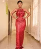 Hoge kwaliteit rode lovertjes avondjurken sexy strapless schede lange prom jurken Saoedi-Arabië formele partij vestidos aangepast