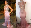 Sexy Illusion Pink 2K17 Mermaid Prom Dresses High Neck Sleeveless Lace Appliques Crystals Satin African Black Girl Long Evening Gowns