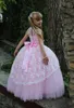 Rosa e branco criança vestido de baile vestidos da menina de flor para festa de casamento elegante até o chão longo renda jóia pescoço vestidos com arco5879917