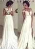 Элегантный Modest Romantic Summer Boho шифон-линии свадебное платье со стороны щелевой кружева аппликация Длинные свадебное платье сшитое Плюс Размер