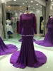 2019 New Arrival Real Photos New Arrival Purple Evening Dress Modest Long Sleeve Lace Applique Formal Party Gown Custom Made Plus Size