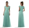 Aqua Longo Modest Vestidos de Dama de Honra Com Tampa Pétala Mangas Decote V Renda Corpete Chiffon Até o Chão Madrinhas de Honra Vestido Custom Made