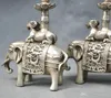 10 '' الصين فضة برونز زوج الفيل شمعة عصا البرونزية تمثال
