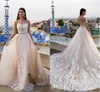 Lace Wedding Dresses with Overskirt Lace Bridal Gowns See Through Applique Bridal Dress Customize Detachable Skirt Removable Train