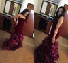 2019 New Burgundy Long Mermaid Prom Dreess Rose Floral Flower Tiered Aweetheart Velvet Plus Size Size Formal Party Gowns Evening Dres6477184