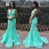 NIEUW TURQUOISE K Lace Prom Mermaid V Nek Sexy Cutaway Backless Fashion African American Long Evening Jurken Red Carpet Jurkens