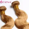 60% rabatt! Honey Blonde Extensions Peruvian 10 "-30" Mänskligt hår väv väft # 27 Färg hårförlängning Kroppsvåg våt och vågig 3st-brud