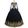 Sexy preto com apliques de ouro vestido de noiva vestidos de baile barato com ilusão mangas compridas espartilho volta varrer trem vestidos de noiva de casamento de tule