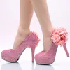 새로운 도착 된 화려한 여성 드레스 하이힐 핑크 AB 컬러 플라워 크리스탈 웨딩 파티 신발 수제 연회 신부 펌프 크기 12