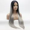 Iwona Hair Straight Extra Long Dark Root Grey Ombre Wig 22#1/0906 Half Hand Tied Heat Resistant Synthetic Lace Front Wigs