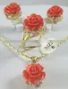 12MM Pink Coral Carved Flower Earrings Ring Necklace Pendant set