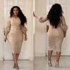 Champagne Lace Plus Size Prom Dresses Saudi Arabia Dubai Long Sleeve Sheath Evening Gowns Tea Length Formal Wear Vestidos Customized