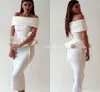 Vestidos de Cocktail Sereia De Cetim Branco Vestido de Baile Árabe Dubai 2019 Mulheres Off Ombro Chá Comprimento Voltar Fenda Noite Ocasião Vestidos de Festa Veste