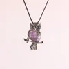 New Lovely Amethyst Gemstone Owl On Branch Necklace Owl Spirit Animal with Natural Stone Beads Pendant Leather Rope Women Necklace Jewelry