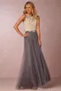 Vintage Twee Stukken Kant Bruidsmeisje Jurken Crop Top Prom Dresses Tule Rok Blush Mint Grijs Bruidsmeisjes Jurken 2 Stuk Huwelijksfeestjurk