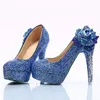 Gorgeous Crystal Wedding High Heels Blue Flower Rhinestone Round Toe Tassel Bride Dress Shoes Platform Heels Cinderella Prom Pumps