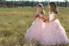 Blush Rosa Lace Tulle vestido de Baile Vestidos Da Menina de Flor Para O Aniversário De Casamento Pageant 2017 Manga Curta Cortado Voltar Lace Up Plissado EN7134